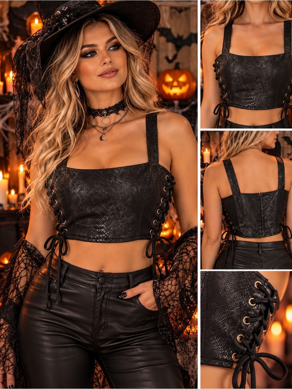 Windsor Womens M Black Faux Snakeskin Corset Bustier Top Lace Up Y2K Goth EUC